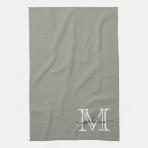 Elegant Script Evergreen Fog Monogram Kitchen Towel