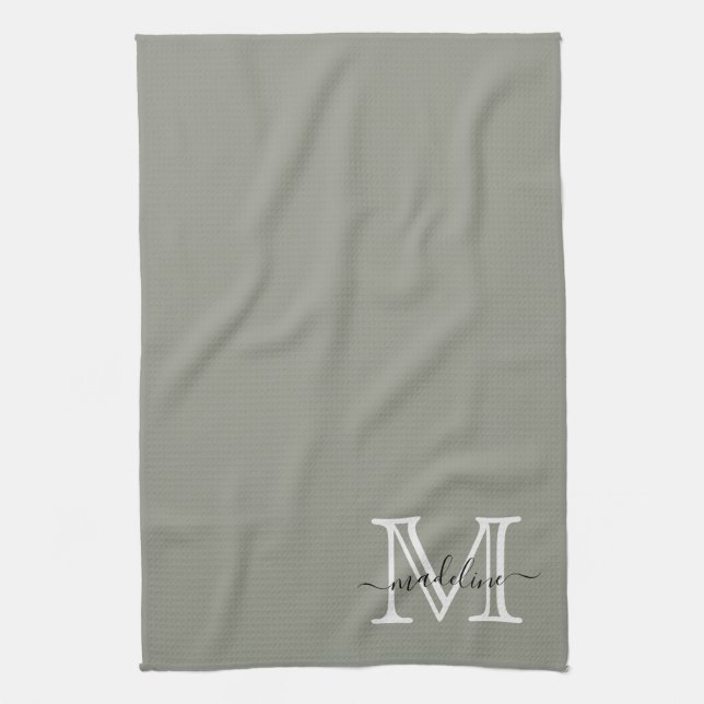 Elegant Script Evergreen Fog Monogram Kitchen Towel (Vertical)