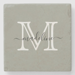 Elegant Script Evergreen Fog Monogram Stone Coaster