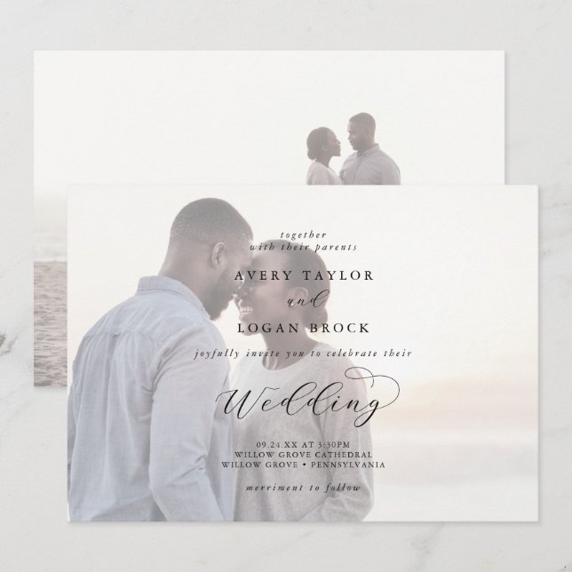 Elegant Script | Faded Horizontal Photo Wedding Invitation (Front/Back)