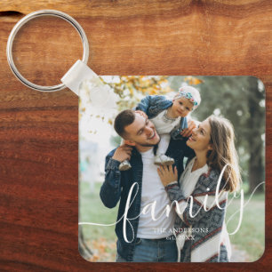 Elegant Script "Family" Custom Photo Keychain