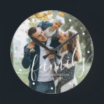 Elegant Script "Family" Custom Photo Round Clock<br><div class="desc">Add your favourite photo from your last vacation, wedding, or special occasion.</div>