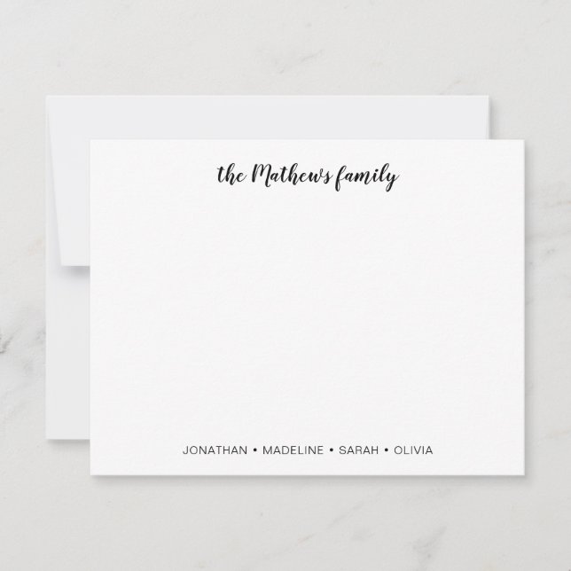Elegant Script Family Last Name Black Note Card (Front)
