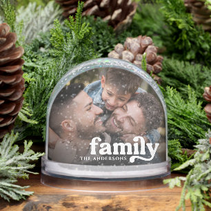 Elegant Script Family Name & 2 Photos Snow Globes Snowglobe