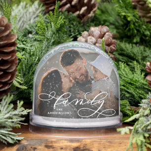 Elegant Script Family Name & 2 Photos Snowglobe
