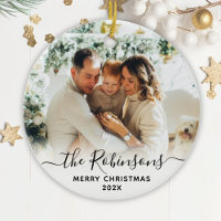 Elegant Script Family Name Photo Merry Christmas  