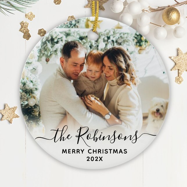 Elegant Script Family Name Photo Merry Christmas   Ceramic Ornament (Creator Uploaded)