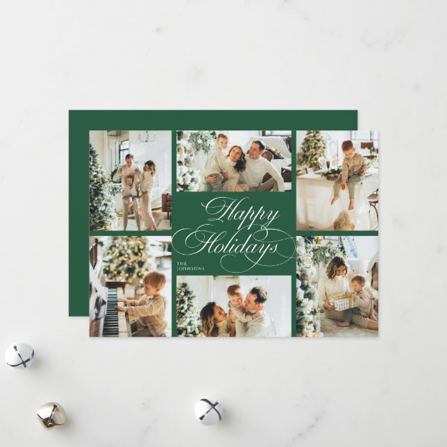 Elegant Script & Family Photo Collage Christmas Holiday Card (Front/Back In Situ)
