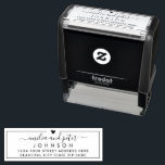 Elegant Script Family Wedding Return Address Self-inking Stamp<br><div class="desc">Elegant,  Modern Hand Lettered Script Wedding Return Address self-inking stamp. Featuring a pretty hand-written swash tail font script couple monogram names,  family name and a little heart motif on the top,  around thin line frame. Easy to personalize them with your names and return address info.</div>