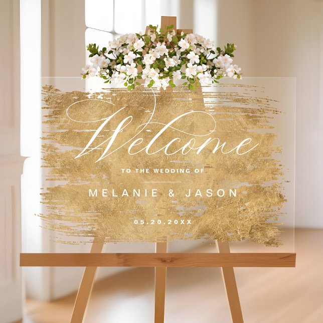 Élégant Script Faux Gold brossé Mariage d'accueil (Elegant Script Faux Gold Brushed Welcome Wedding Acrylic Sign)
