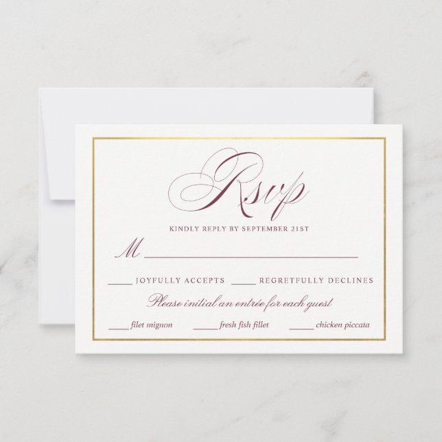 Elegant Script Faux Gold Burgundy RSVP Meals (Front)