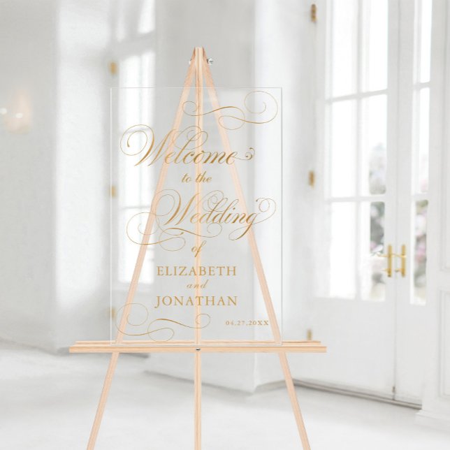 Élégant Script Faux Gold Mariage Bienvenue (Elegant Script Faux Gold Wedding Welcome Acrylic Sign)