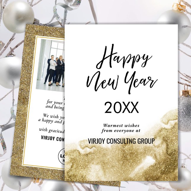 Elegant Script Festive Gold Glitter Business Photo Holiday Card (Creator Uploaded)