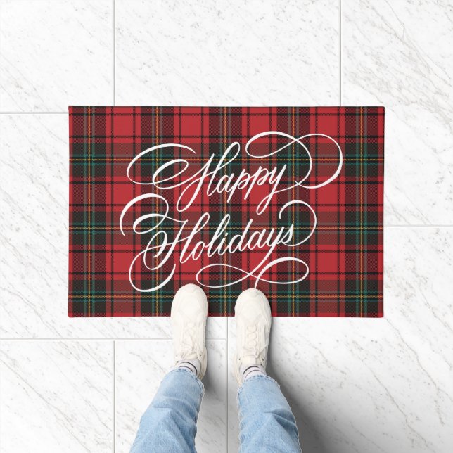 Elegant Script Festive Red Tartan Happy Holidays Doormat (Indoor)