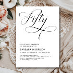 Elegant Script Fifty 50th Birthday Black White Invitation<br><div class="desc">Celebrate five fabulous decades with this Elegant Script Fifty 50th Birthday Black and White Invitation. Featuring flowing script typography, a bold minimalist black-and-white colour scheme, and a sleek, modern layout, this invitation sets the tone for a chic and sophisticated celebration. Perfect for dinner parties, cocktail hours, or milestone gatherings, it’s...</div>