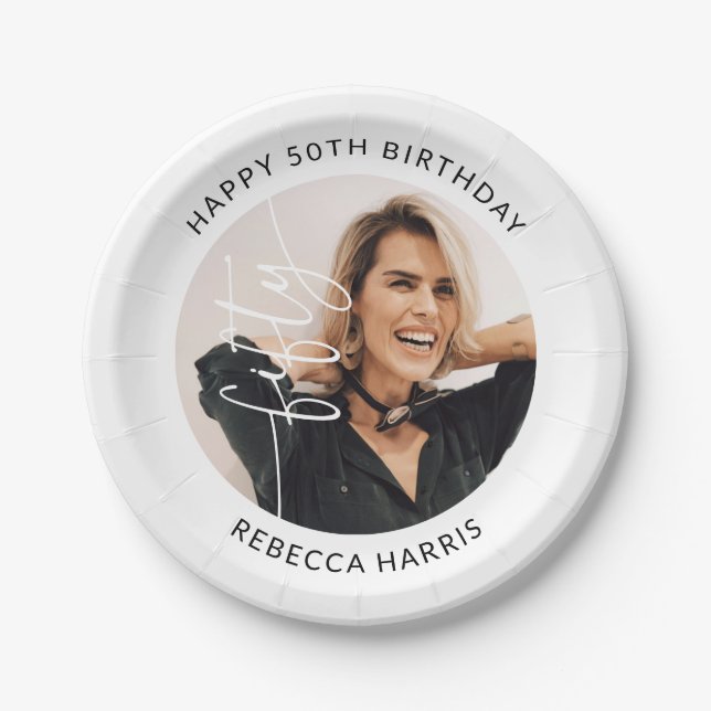 Elegant Script Fifty Photo 50th Birthday Paper Plate (Front)