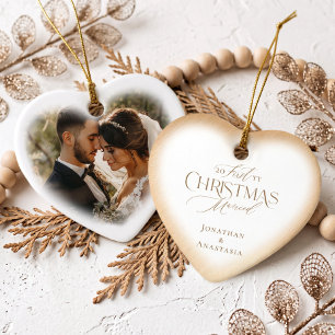 Elegant Script First Christmas Married Heart Photo Ceramic Ornament
