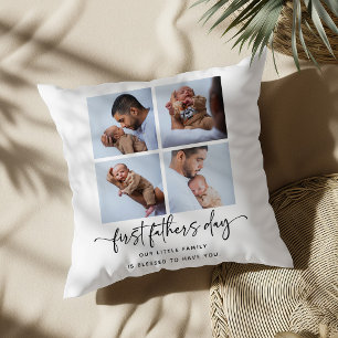 Elegant Script First Fathers Day 5 Photo Collage Throw Pillow