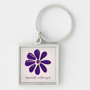 Elegant Script First Name Surname Flower Square Keychain