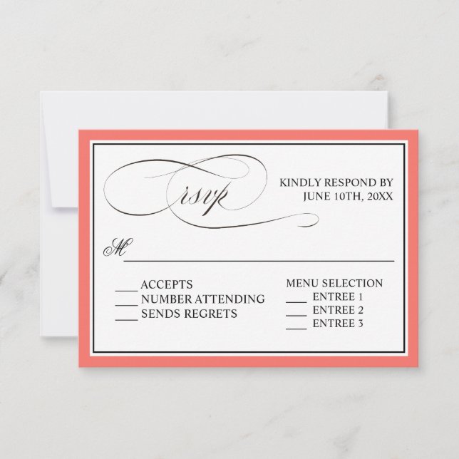 Élégant script fleurit RSVP avec bordure de corail (Devant)