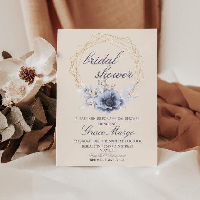 Elegant Script Floral Blue Beige Bridal Shower  Invitation (Creator Uploaded)