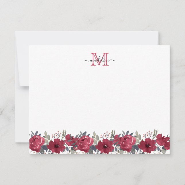 Elegant Script Floral Burgundy Red Monogram Card (Front)