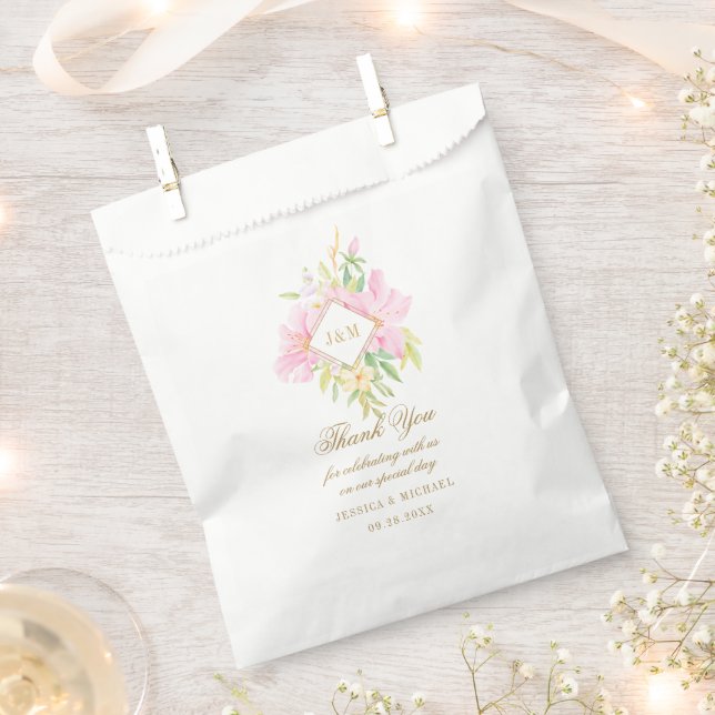 Elegant Script Floral Monogram Wedding Thank You Favour Bag (Clipped)