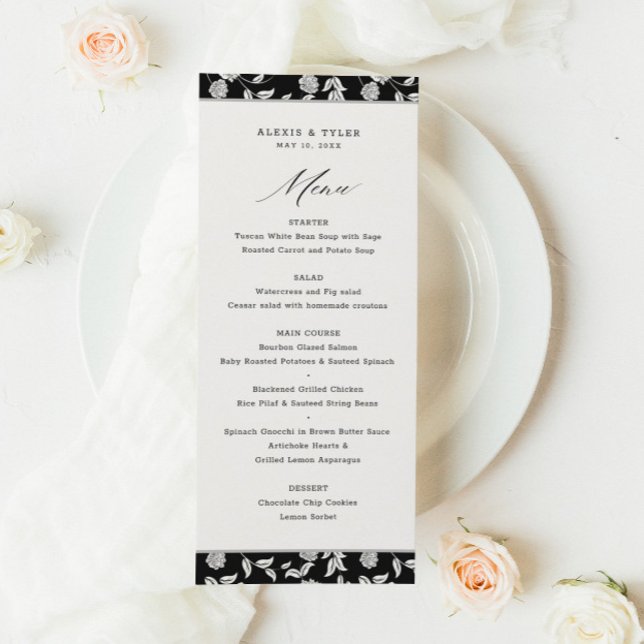 Élégant Script Floral noir blanc menu Mariage (Créateur téléchargé)
