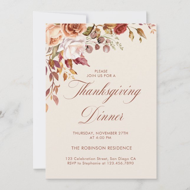 Elegant Script Floral Thanksgiving Dinner  Invitation (Front)