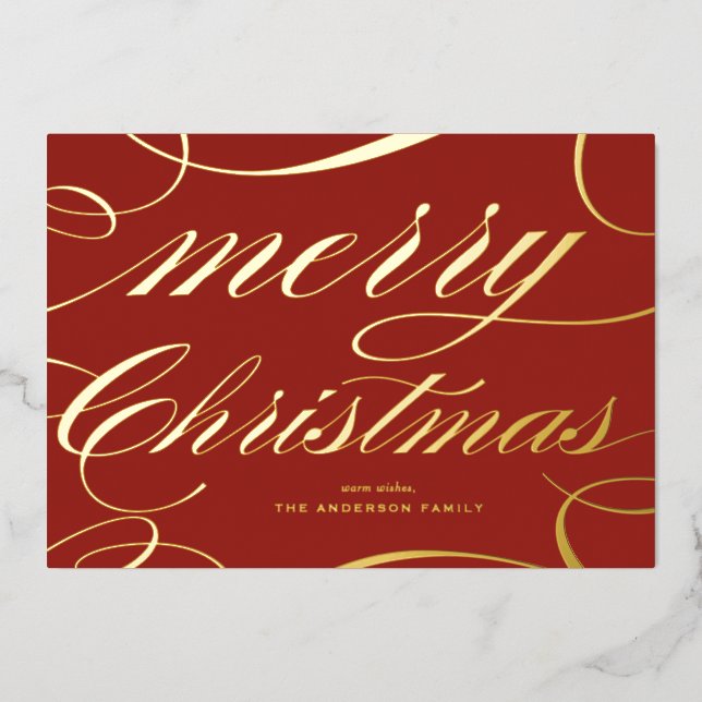 Elegant Script Flourish Red Merry Christmas Foil Holiday Card (Front)