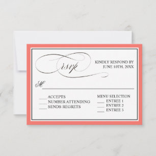 Elegant Script Flourishes RSVP with Coral Border Card