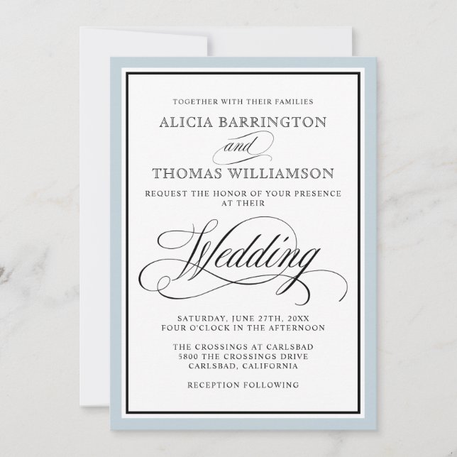 Elegant Script Flourishes with Dusty Blue Border Invitation (Front)