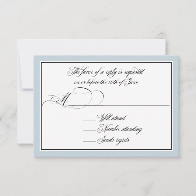 Elegant Script Flourishes with Dusty Blue Border RSVP Card (Front)