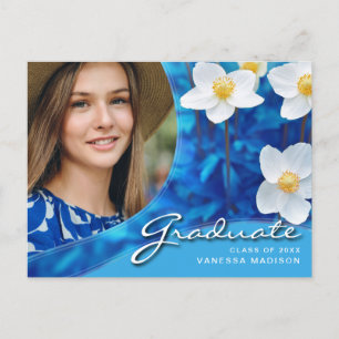 Elegant Script Flowers Blue   Modern Photo Grad Postcard