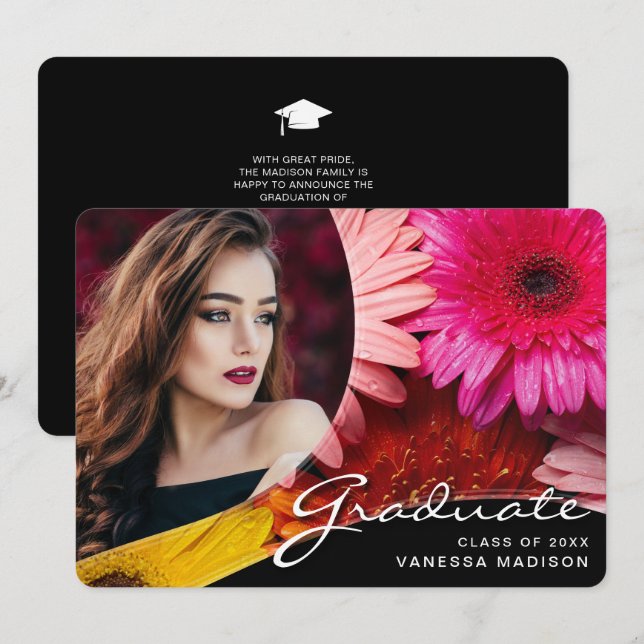 Elegant Script Flowers | Modern Photo Grad Announcement (Front/Back)