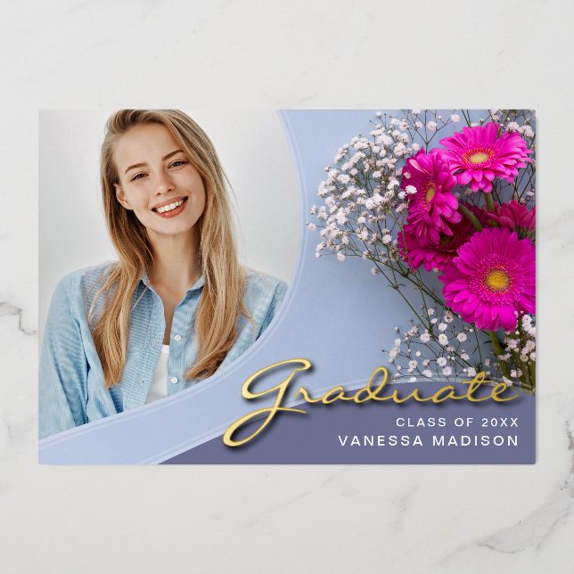 Elegant Script Flowers | Modern Photo Grad Card (Front)