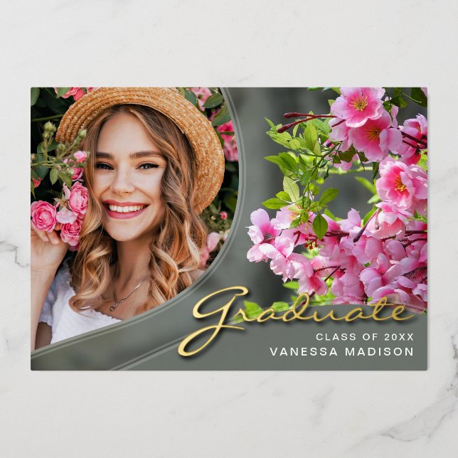 Elegant Script Flowers | Modern Photo Grad Card (Front)