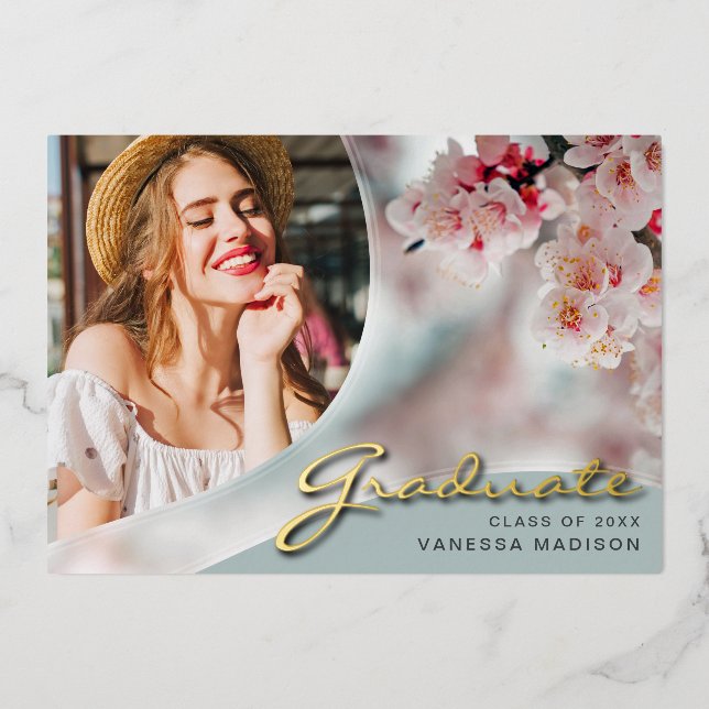 Elegant Script Flowers | Modern Photo Grad Card (Front)