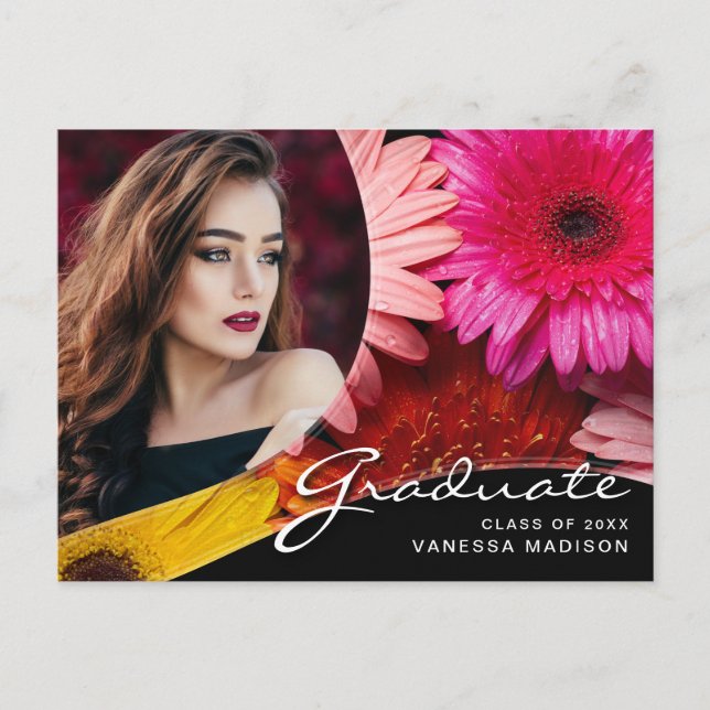 Elegant Script Flowers | Modern Photo Grad Postcard (Front)