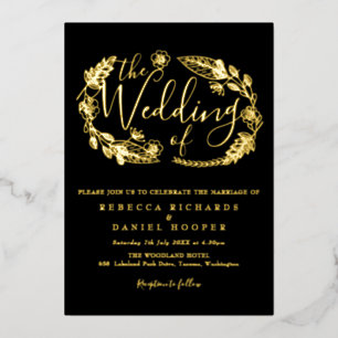 Elegant Script Foliage Wedding Black And Gold Foil