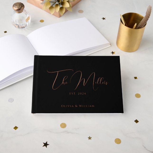Elegant Script Font Black & Rose Gold Wedding Foil Guest Book (Front Open)