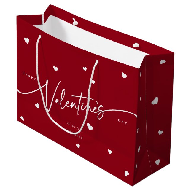 Elegant Script Font + Hearts Valentine's Day Large Gift Bag (Front Angled)