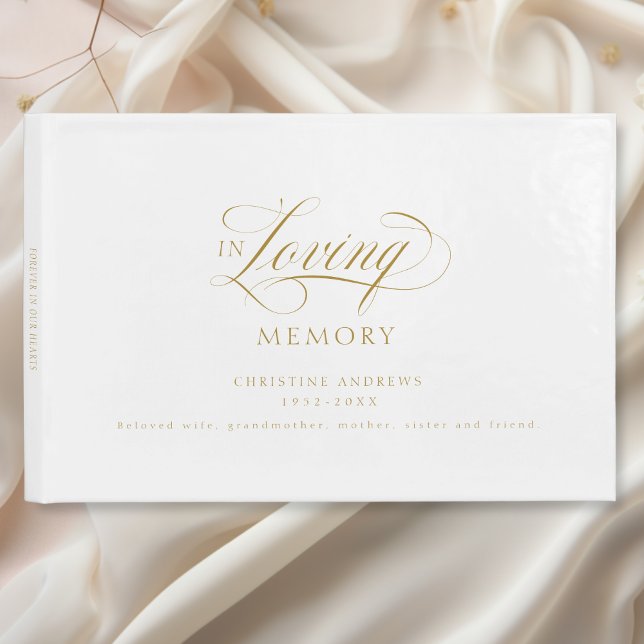 Elegant, Script Font "In Loving Memory" Funeral Guest Book (Elegant, Script Font "In Loving Memory" Funeral Guest Book, White & Beige-Gold.)