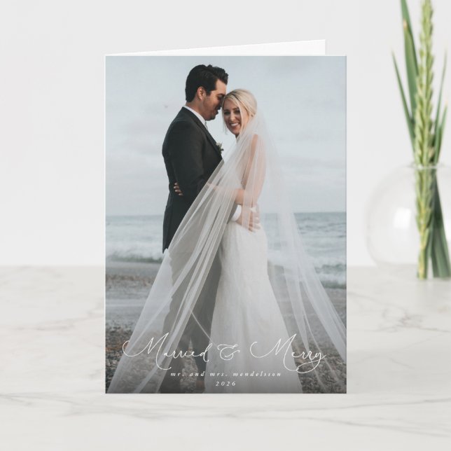Elegant Script Font Married+Merry Christmas Photo Card (Front)