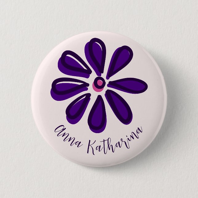 Elegant Script Font Name Purple Flower Doodle 2 Inch Round Button (Front)