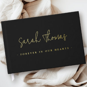 Elegant script forever in our hearts funeral black guest book