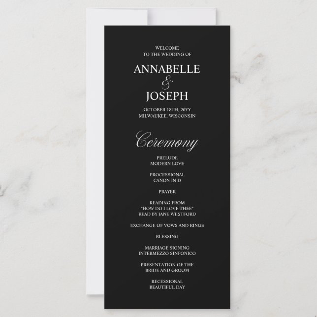 Élégant Script Formal Black Wedding Programme (Devant)