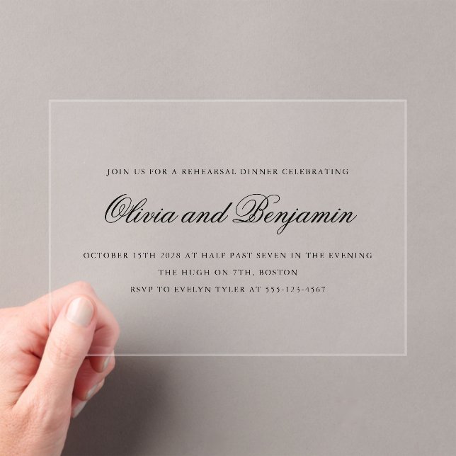Elegant Script Formal Rehearsal Dinner Clear Acrylic Invitations (Insitu (Handheld))