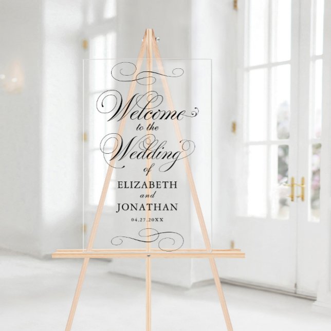 Élégant script formel Mariage noir Bienvenue (Elegant Formal Script Black Wedding Welcome Acrylic Sign)