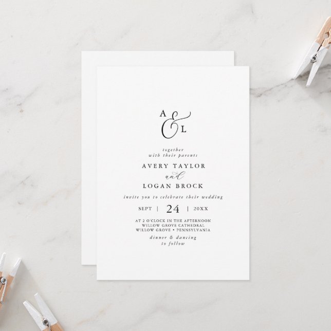 Elegant Script Front and Back Monogram Wedding Invitation (Front/Back In Situ)